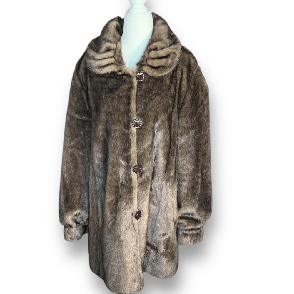 Vintage Reversible Brown Faux Fur Coat Satin Lining‎ Button Front Large Winter